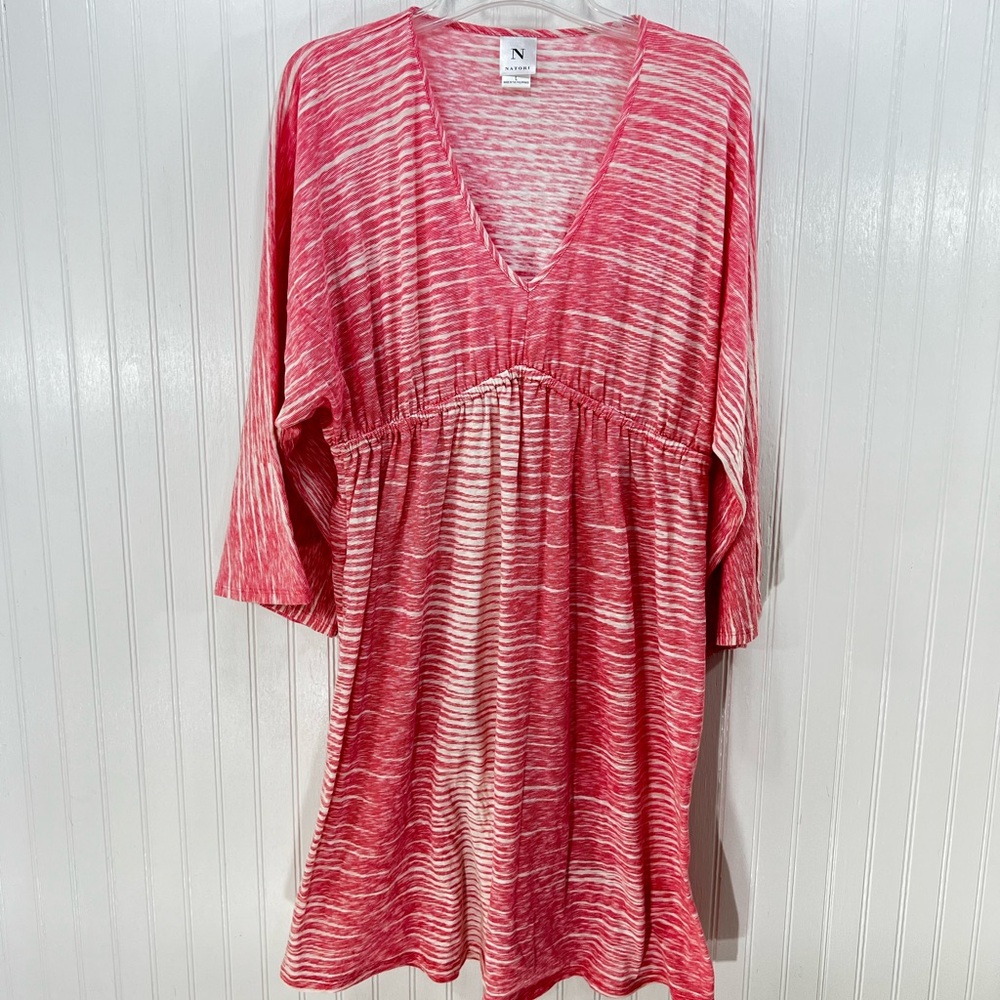 N Natori Coral Space Dye Empire Waist Caftan Tunic Dress V-Neck Kimono Sleeve L
